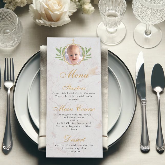 Menu Foto de Batismo Folhas de Mármore Dourado Botânico (Criador carregado)