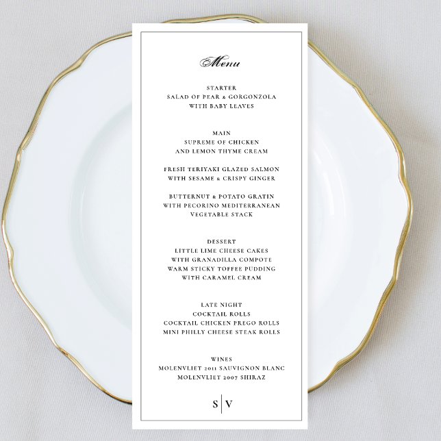 Menu Frado | Casamento branco de monograma elegante (Criador carregado)