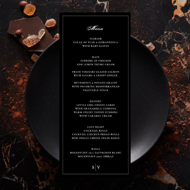 Menu Frado | Casamento Negro do Monograma Elegante (Criador carregado)