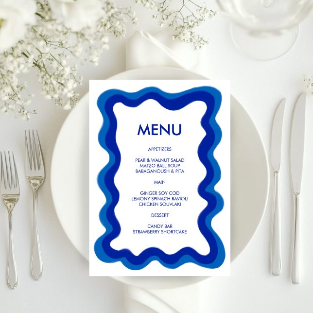 Menu Frame Wavy Modern Chic Blue Bar Bat Mitzvah (Wavy Frame Modern Chic Blue Custom Bar Bat Mitzvah Menu
)
