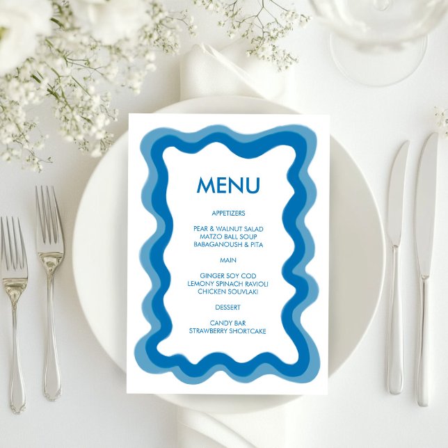 Menu Frame Wavy Modern Chic Blue Bar Bat Mitzvah (Wavy Frame Modern Chic Blue Custom Bar Bat Mitzvah Menu
)