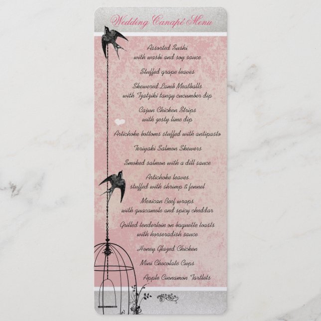 Menu Gaiola de Pássaros Rosa Antigo Damasco Save the Da (Frente)