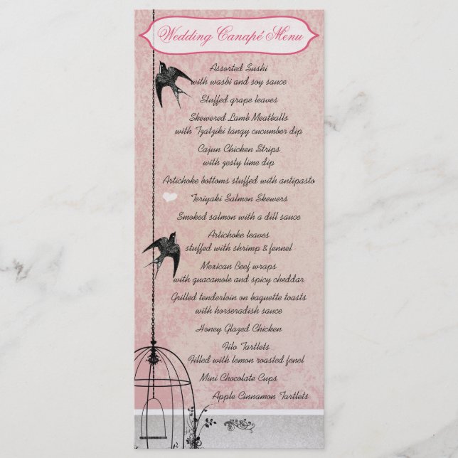 Menu Gaiola de Pássaros Rosa Antigo Damask Save the Dat (Frente)
