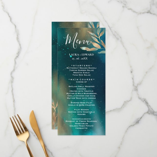 Menu galáxia nebulosa verde esmeralda céu noturno folha (Frente/Verso In Situ)