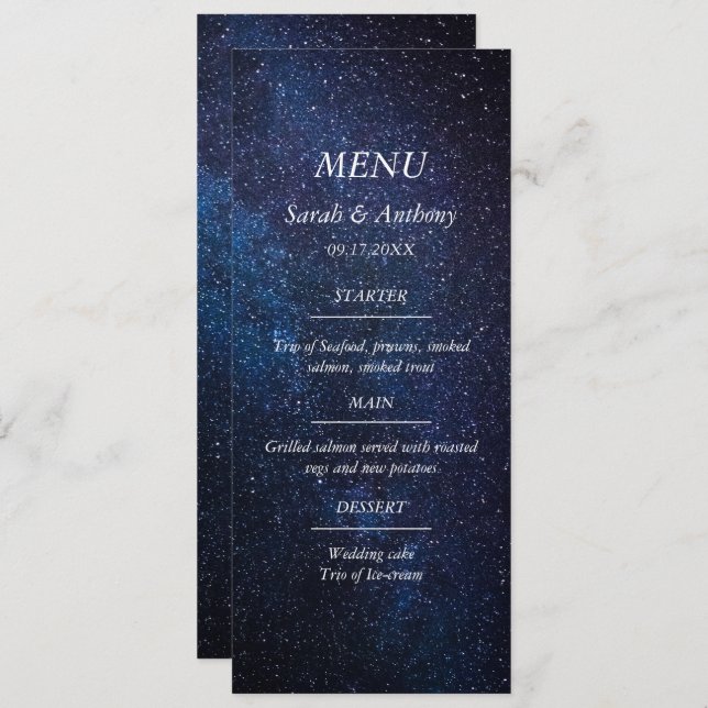 Menu Galaxy Celestial Stars Night Sky Comida de Casamen (Frente/Verso)