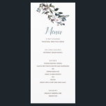 Menu Garden Crest | Script de Casamento Floral Branco A<br><div class="desc">Este elegante e chic menu de casamento mostra os florais de aquarela pintados em tons azuis e cor-de-rosa e vem com um padrão floral correspondente no verso. Personalize-o com seu próprio texto usando os modelos fornecidos. A cor de fundo está definida como branca e coordena-se com a nossa coleção de...</div>