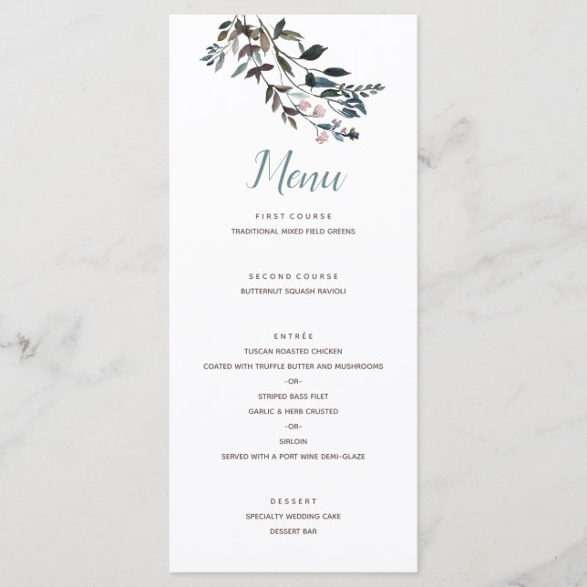 Menu Garden Crest | Script de Casamento Floral Branco A (Frente)