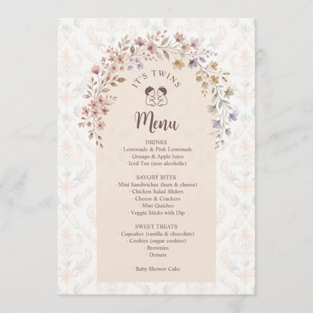 Menu Gêmeos Caprichosos Chamada Para Chá de Bebê Floral (Frente)