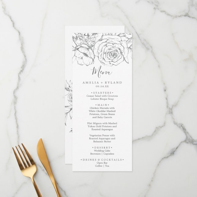 Menu Gilded Floral | Janto Casamento Prateado e Branco (Frente/Verso In Situ)