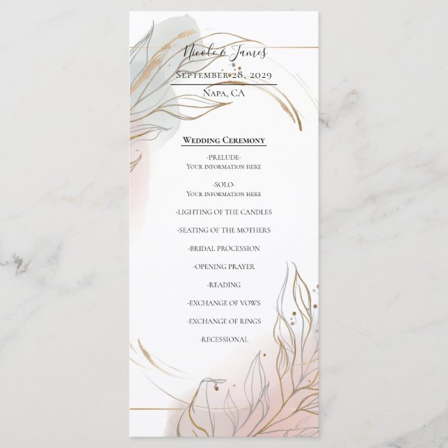 Menu Gilded Gold Sage & Blush Botanical Wedding Program (Frente)