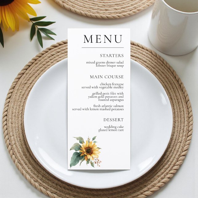 Menu Girassol Aquarela Folhagem Rústica Casamento  (Criador carregado)