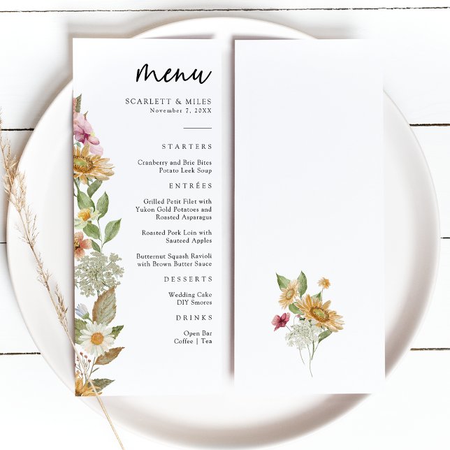 Menu Girassol Elegante (Elegant White Watercolor Sunflower Wildflower Wedding Menu by Painted Paperie
)