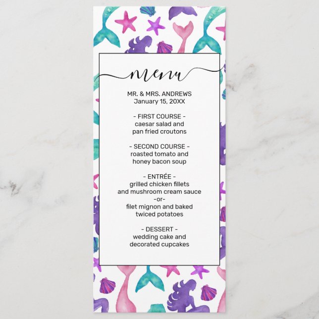 Menu Girly Watercolor Sereids Tales Seashells Patternos (Frente)