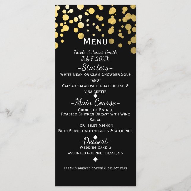 Menu Glamor Moderno de Pontos de Confetti Pretos e (Frente)
