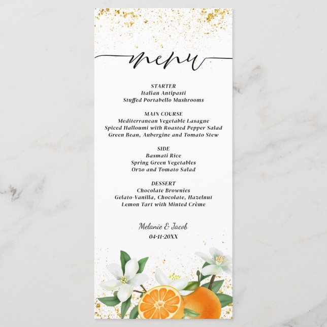 Menu Gold Citrus Orange Script Floral Wedding (Frente)