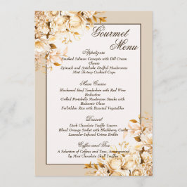 Menu Gourmet de Casamento Floral Elegante Dourado e de