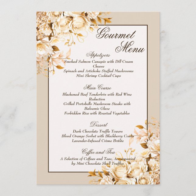 Menu Gourmet de Casamento Floral Elegante Dourado e de  (Frente)