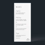 Menu Grace Black and White Modern Weds<br><div class="desc">Menu de casamento moderno com um design geométrico simples e mínimo, com uma linha vertical ao longo do lado esquerdo, com o menu em alinhamento esquerdo. Os cabeçalhos estão em um roteiro de escrita manual para um toque elegante. No canto inferior direito está seu monograma inicial sobre uma pequena linha...</div>