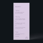Menu Grace Lilac Modern Wedding<br><div class="desc">Menu de casamento moderno com um design geométrico simples e mínimo, com uma linha vertical ao longo do lado esquerdo, com o menu em alinhamento esquerdo. Os cabeçalhos estão em um roteiro de escrita manual para um toque elegante. No canto inferior direito está seu monograma inicial sobre uma pequena linha...</div>