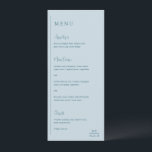 Menu Grace Muted Blue Modern Weds<br><div class="desc">Menu de casamento moderno com um design geométrico simples e mínimo, com uma linha vertical ao longo do lado esquerdo, com o menu em alinhamento esquerdo. Os cabeçalhos estão em um roteiro de escrita manual para um toque elegante. No canto inferior direito está seu monograma inicial sobre uma pequena linha...</div>