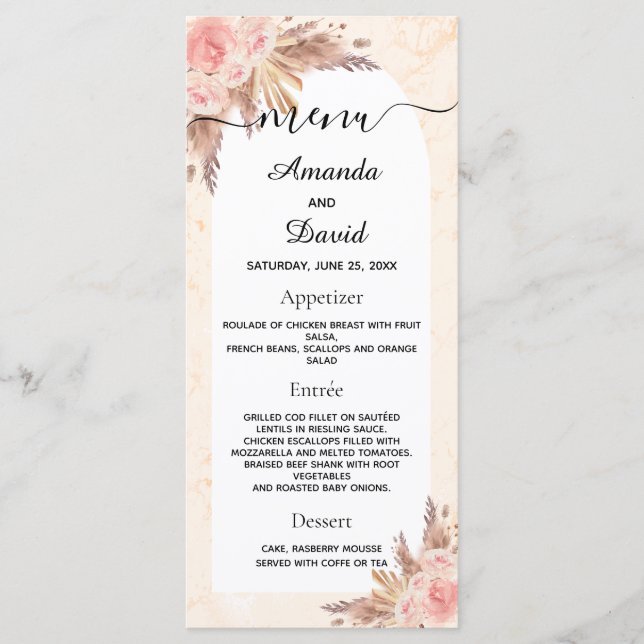 Menu Grama de pampas de casamento rosa dourado floral m (Frente)
