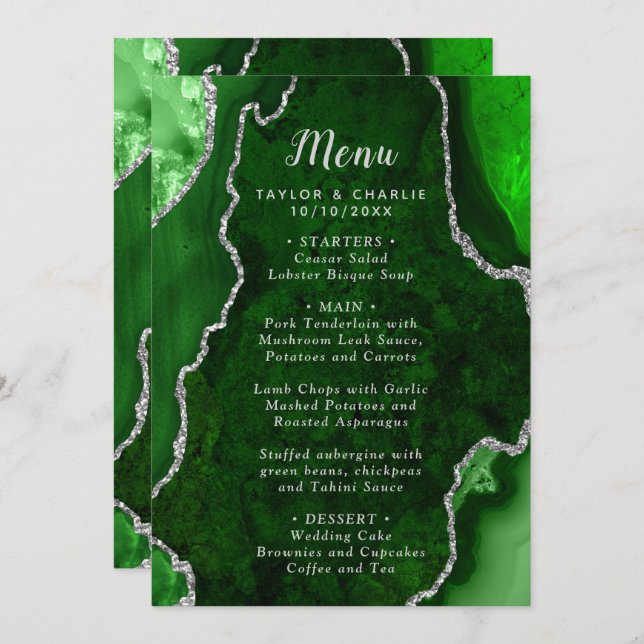 Menu Green and Silver Agate Marble Wedding (Frente/Verso)