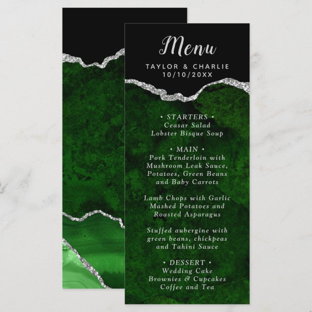 Menu Green and Silver Agate Marble Wedding (Frente/Verso)