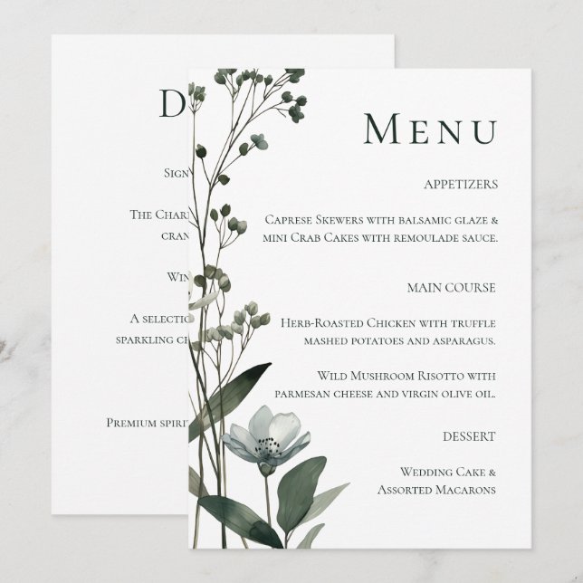 Menu Green Floral Botanical Wedding (Frente/Verso)