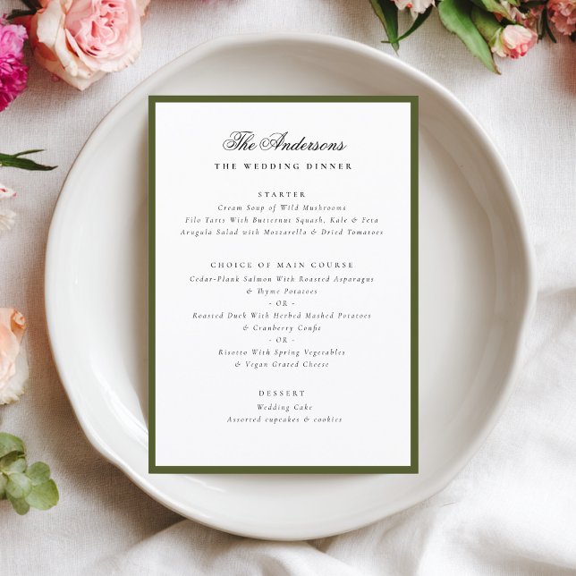 Menu Green Frame Calligraphy Name Custom Wedding Dinner (Criador carregado)