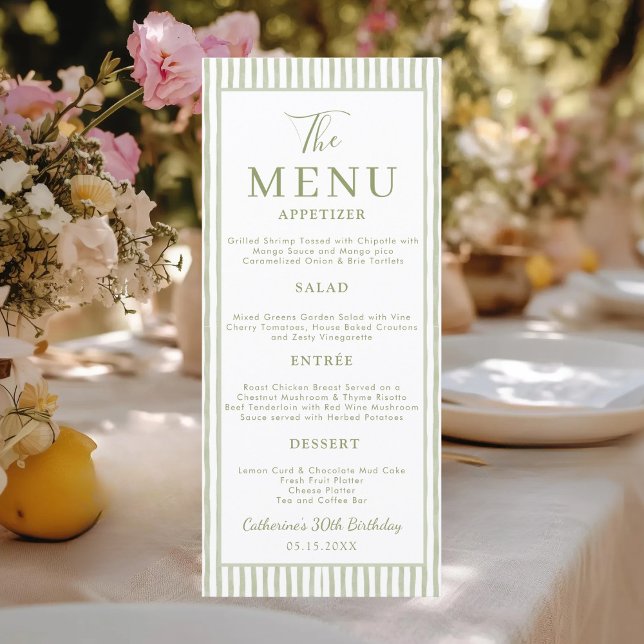 Menu Green Striped Wedding Bridal Shower Birthday Party (Criador carregado)