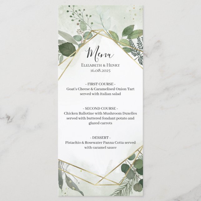 Menu Greenery boho gold geometric watercolour wedding (Frente)