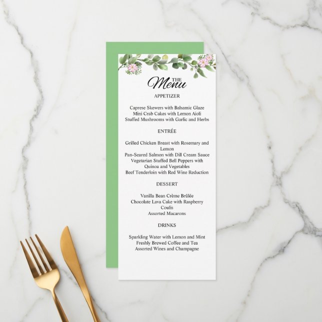 Menu Greenery Elegant e Belo Casamento Floral (Frente/Verso In Situ)