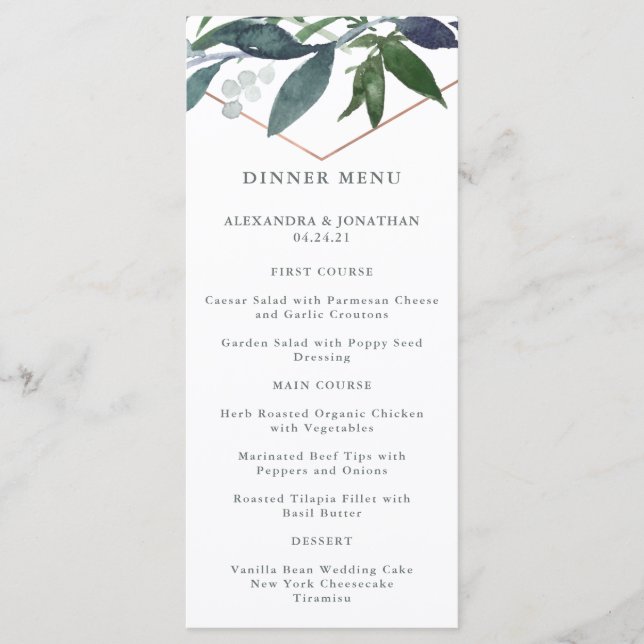Menu Greenery Geo | Casamento em Dourado Rosa (Frente)