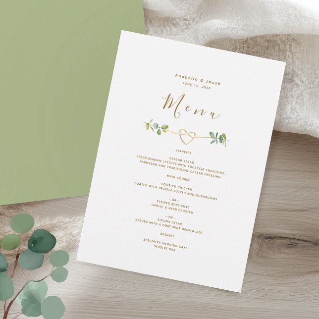 Menu Greenery Gold Heart Wedding (Criador carregado)