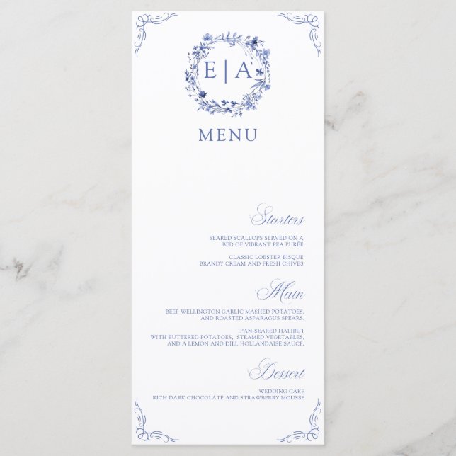 Menu Grinalda Floral de Caligrafia Simples e Elegante (Frente)