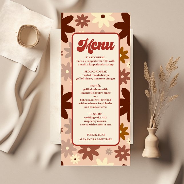 Menu Groovy Modern Groovy Retro 70s Casamento Floral (Criador carregado)
