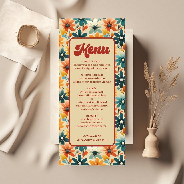Menu Groovy Retro 70s Casamento Floral (Criador carregado)