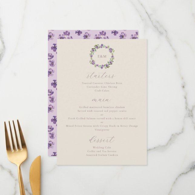 Menu Guirlanda Floral Roxa Aquarela Lilás (Frente/Verso In Situ)