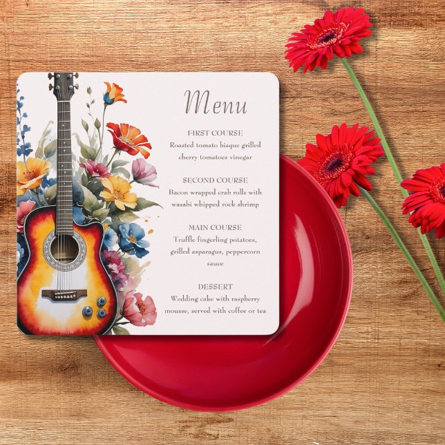 Menu Guitar Flor Silvestre Ampersand Casamento Musical (Flat lay music theme wedding guitar wildflower meadow modern elegant Menu)