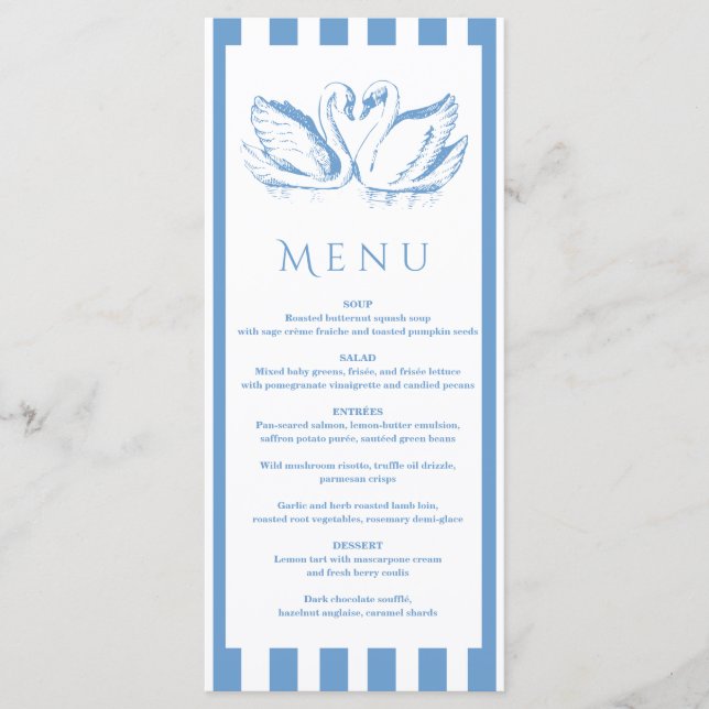 Menu hand drawn Blue Couple Swan Whimsical Wedding (Frente)