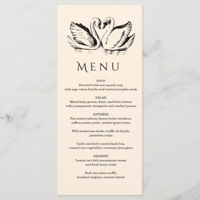 Menu hand drawn Couple Swan Whimsical Wedding (Frente)