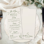 Menu Hand Drawn Retro Wedding<br><div class="desc">Hand Drawn French Italian Whimsical Wedding Dinner Menu with Sage Green Accents. This charming wedding menu card features a playful yet elegant design with a hand-drawn place setting illustration at the top and a champagne bottle with a glass at the bottom, accented by scattered hearts in soft sage green for...</div>