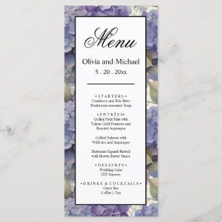 Menu Hídrangas de cor azul púrpura empoeiradas Elegante