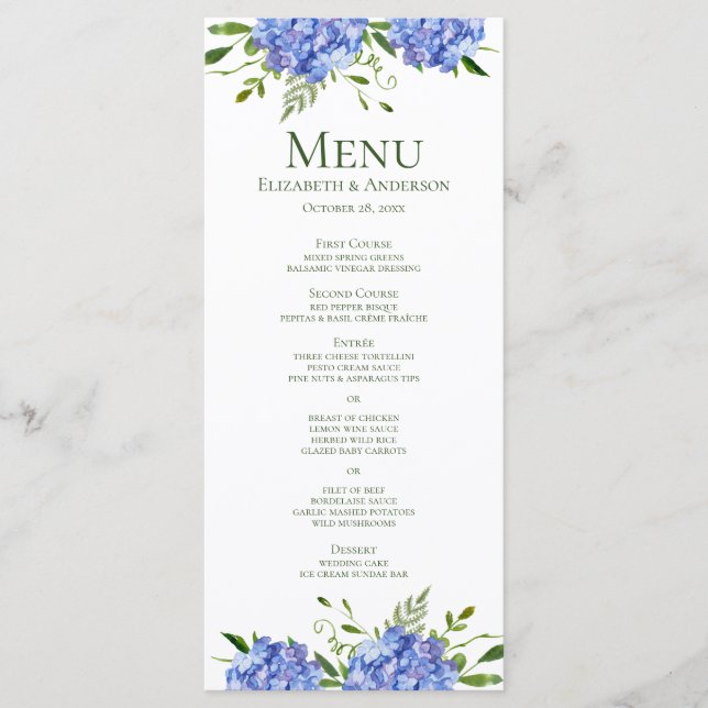 Menu Hortênsias Azuis Casamento em Aquarela Floral (Frente)