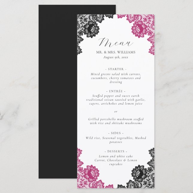 Menu Hot Pink and Black Floral Lace Wedding (Frente/Verso)