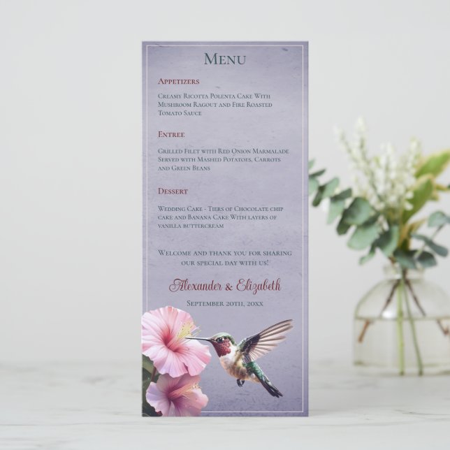 Menu Hummingbird e Hibiscus | Casamento Roxo (Em pé/Frente)