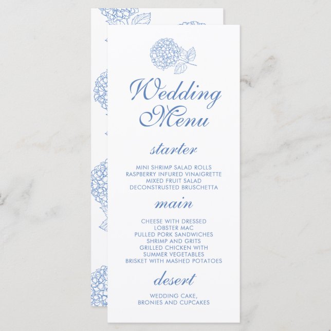 Menu Hydrangea Dusty Blue Floral Modern Casamento (Frente/Verso)