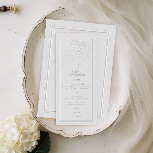 Menu Hydrangea Ivory Frame Formal Casamento Elegante (hydrangeas wedding menu formal traditional elegant modern classic double frame ivory gold)