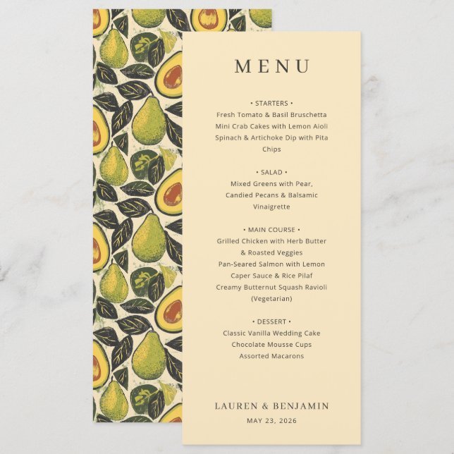 Menu Ilustração de Abacate Bege Elegante (Frente/Verso)