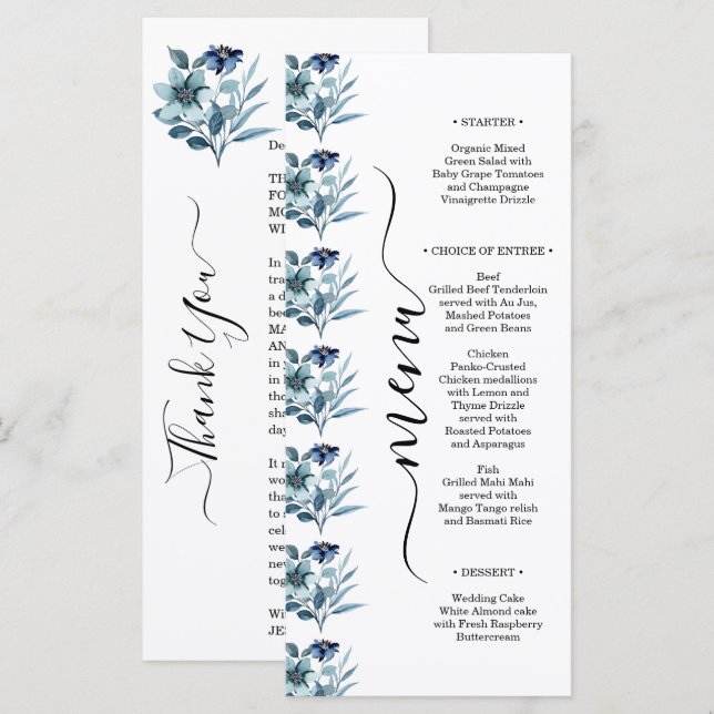 Menu Ilustração de Aquarela Rústica com Buquê Floral Az (Frente/Verso)